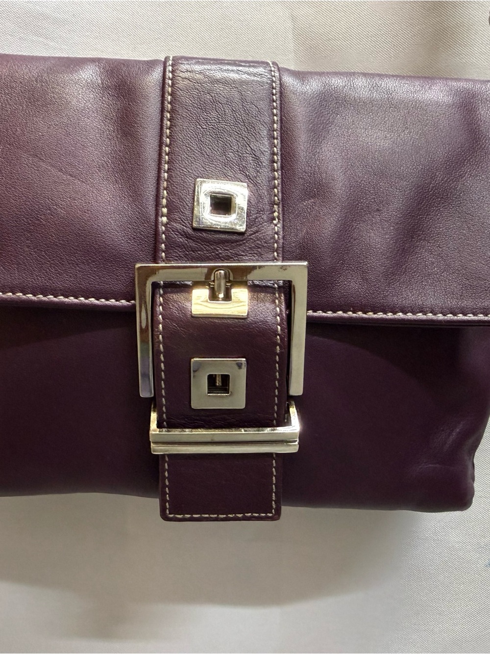 Perlina Plum Leather Clutch with Silver Buckle